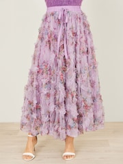 Yumi Purple Floral Ruffle Mesh Midi Skirt - Image 3 of 3