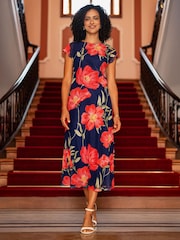 Yumi Blue Poppy Print Midi Mesh Dress - Image 1 of 5