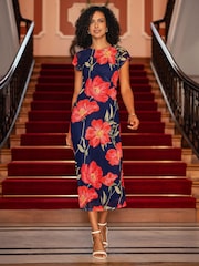 Yumi Blue Poppy Print Midi Mesh Dress - Image 2 of 5