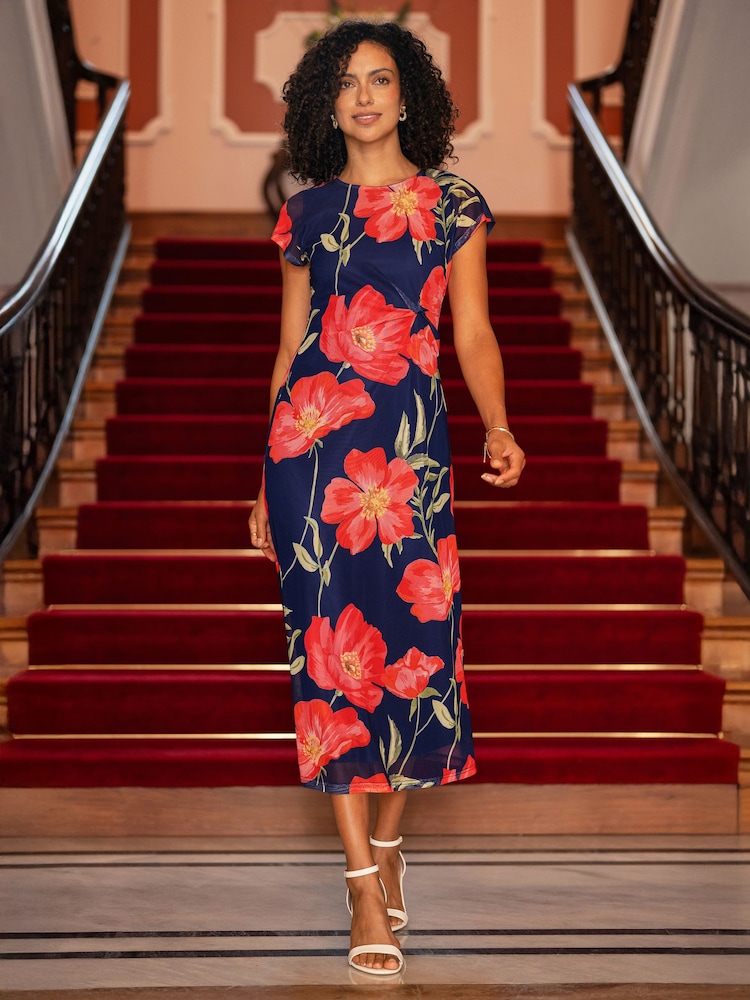 Yumi Blue Poppy Print Midi Mesh Dress - Image 2 of 5