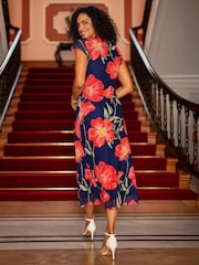 Yumi Blue Poppy Print Midi Mesh Dress - Image 3 of 5