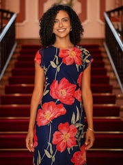 Yumi Blue Poppy Print Midi Mesh Dress - Image 4 of 5