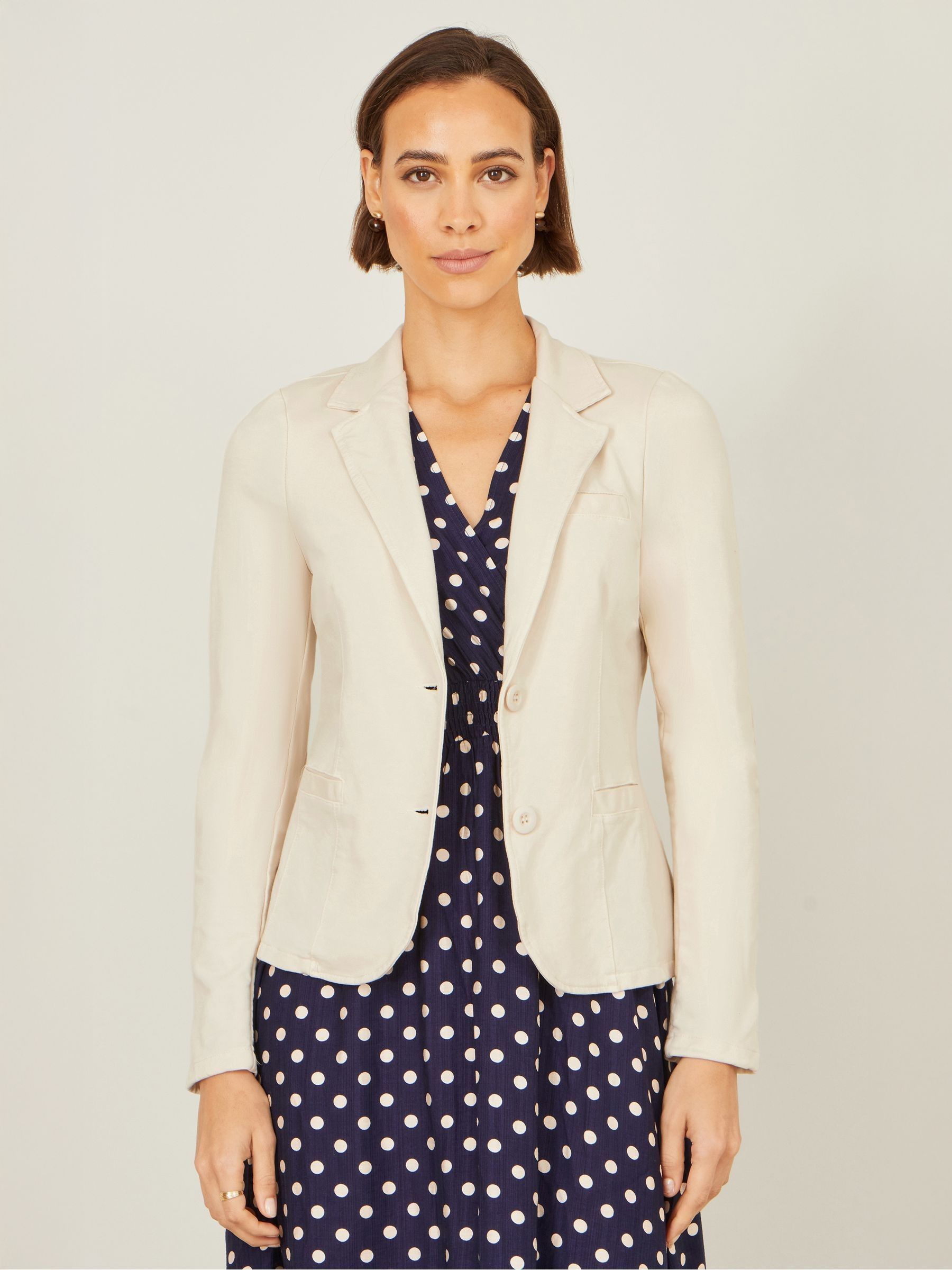 Yumi Women's Beige Stretch Cotton Blazer | Size: 16 - Image 5