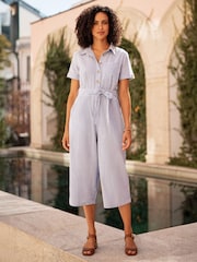 Yumi Blue Chambray Light Denim Button Jumpsuit - Image 1 of 5