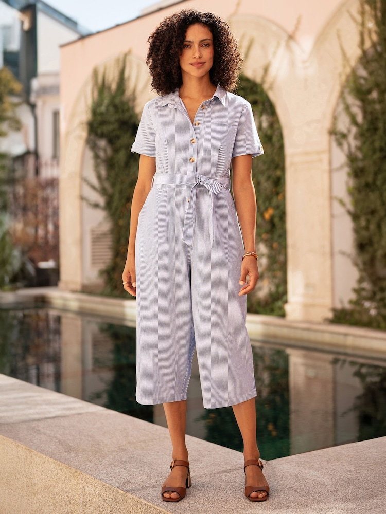 Yumi Blue Chambray Light Denim Button Jumpsuit - Image 1 of 5 Yumi Blue Chambray Light Denim Button Jumpsuit - Image 1 of 5