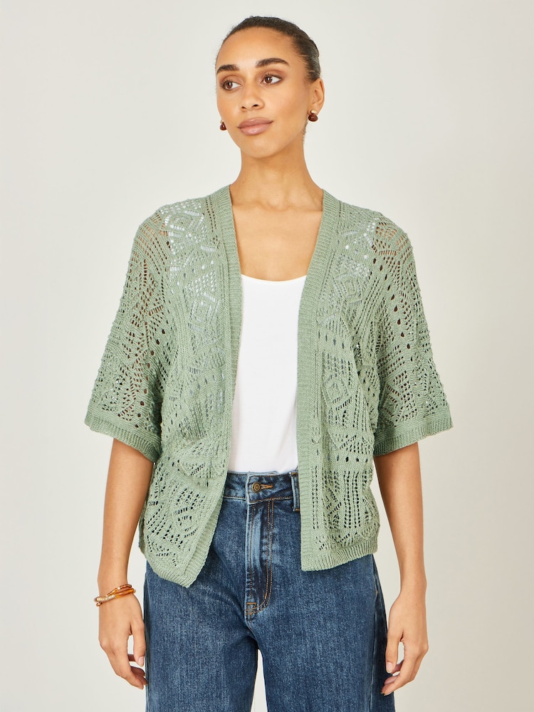 Yumi Green Crochet Edge To Edge 3/4 Sleeve Cardigan - Image 1 of 4