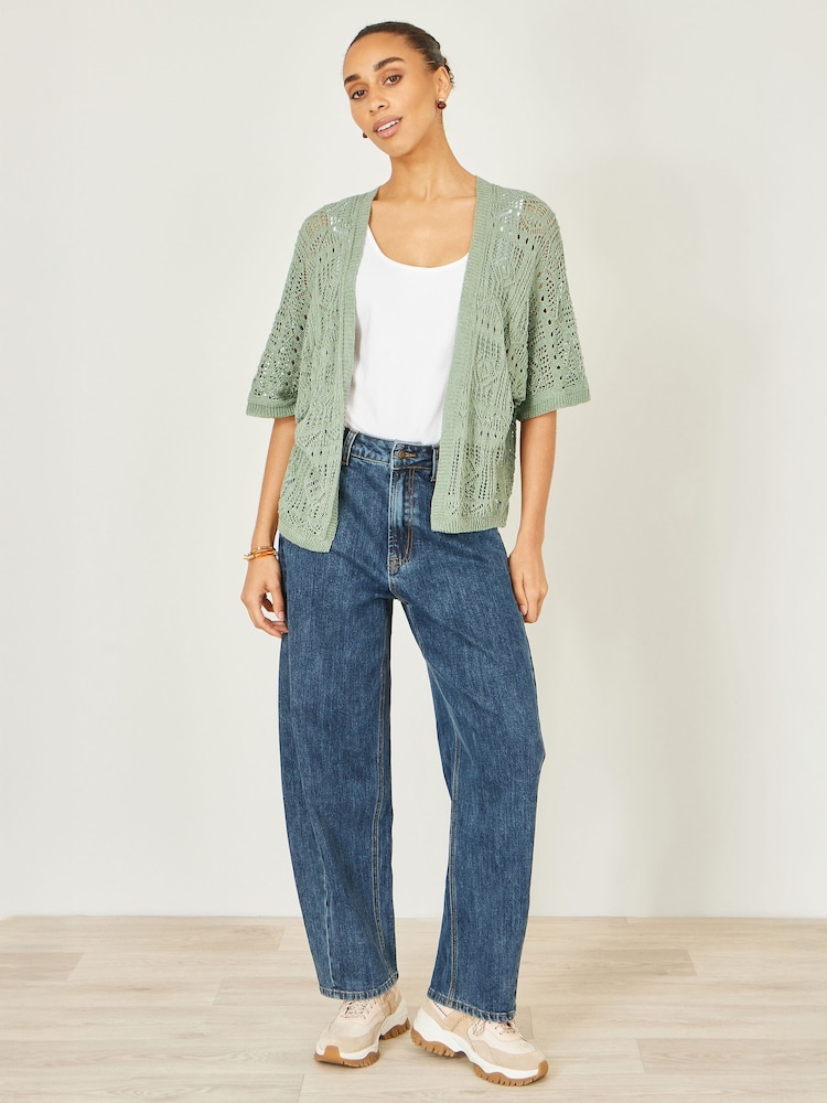 Yumi Green Crochet Edge To Edge 3/4 Sleeve Cardigan - Image 2 of 4