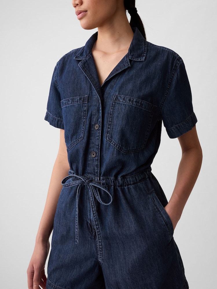 Gap Blue Short Sleeve Tie Waist Denim Playsuit - Image 1 of 6 Gap Blue Short Sleeve Tie Waist Denim Playsuit - Image 1 of 6