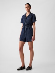 Gap Blue Short Sleeve Tie Waist Denim Playsuit - Image 2 of 6