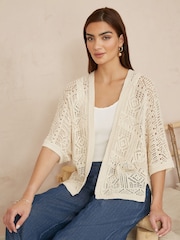 Yumi Natural Crochet Edge To Edge 3/4 Sleeve Cardigan - Image 1 of 4