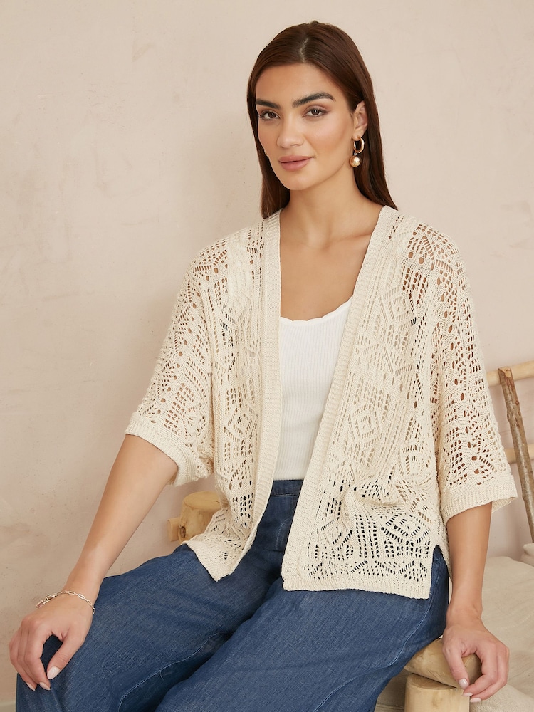 Yumi Natural Crochet Edge To Edge 3/4 Sleeve Cardigan - Image 1 of 4