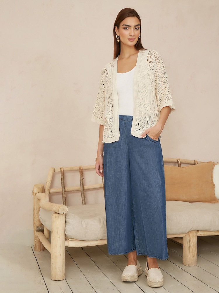 Yumi Natural Crochet Edge To Edge 3/4 Sleeve Cardigan - Image 2 of 4