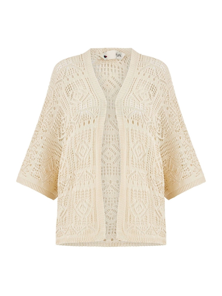 Yumi Natural Crochet Edge To Edge 3/4 Sleeve Cardigan - Image 4 of 4