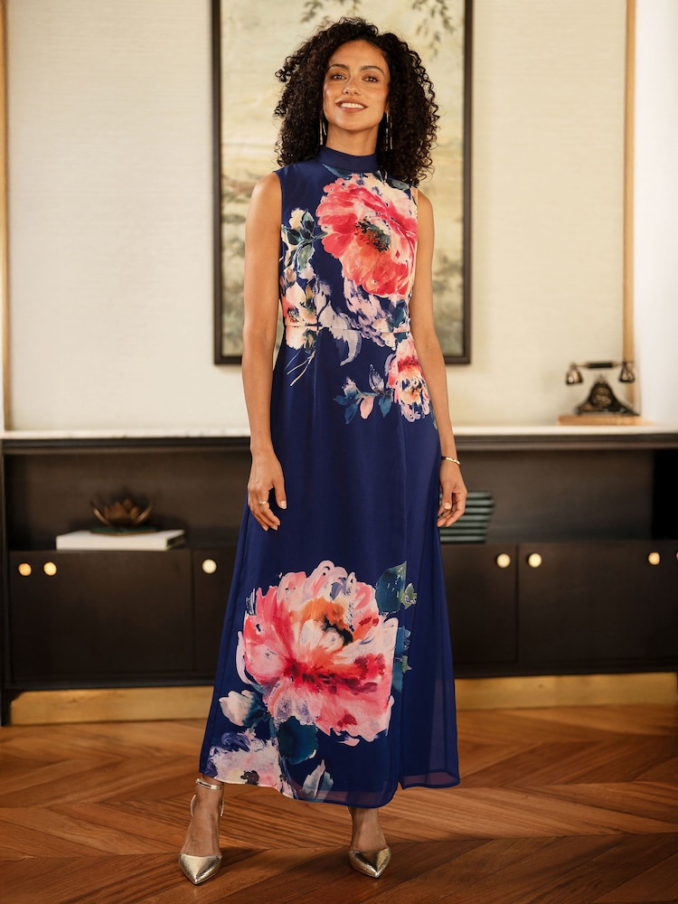 Yumi Blue Flower Halter Neck Maxi Dress - Image 1 of 5