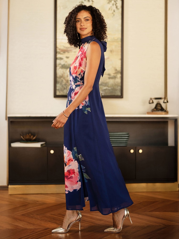 Yumi Blue Flower Halter Neck Maxi Dress - Image 2 of 5