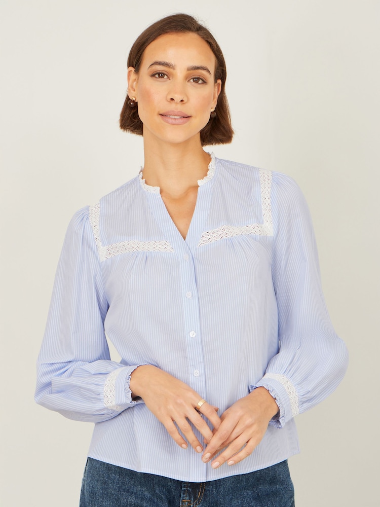 Yumi Blue Stripe Shirt With Lace Detail - Image 1 of 4