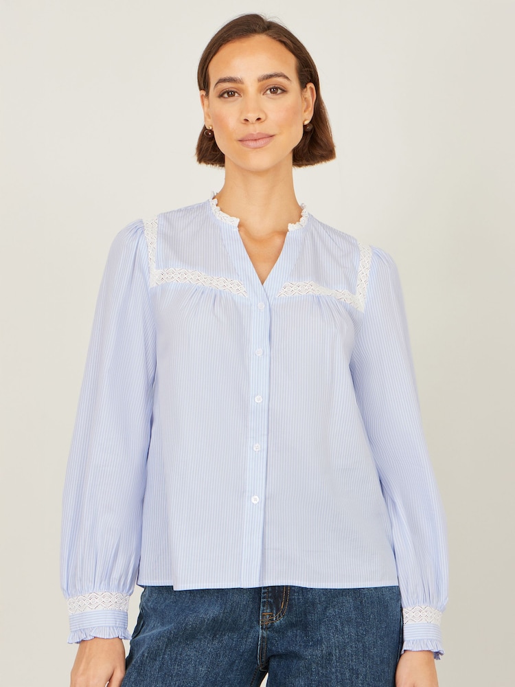 Yumi Blue Stripe Shirt With Lace Detail - Image 2 of 4