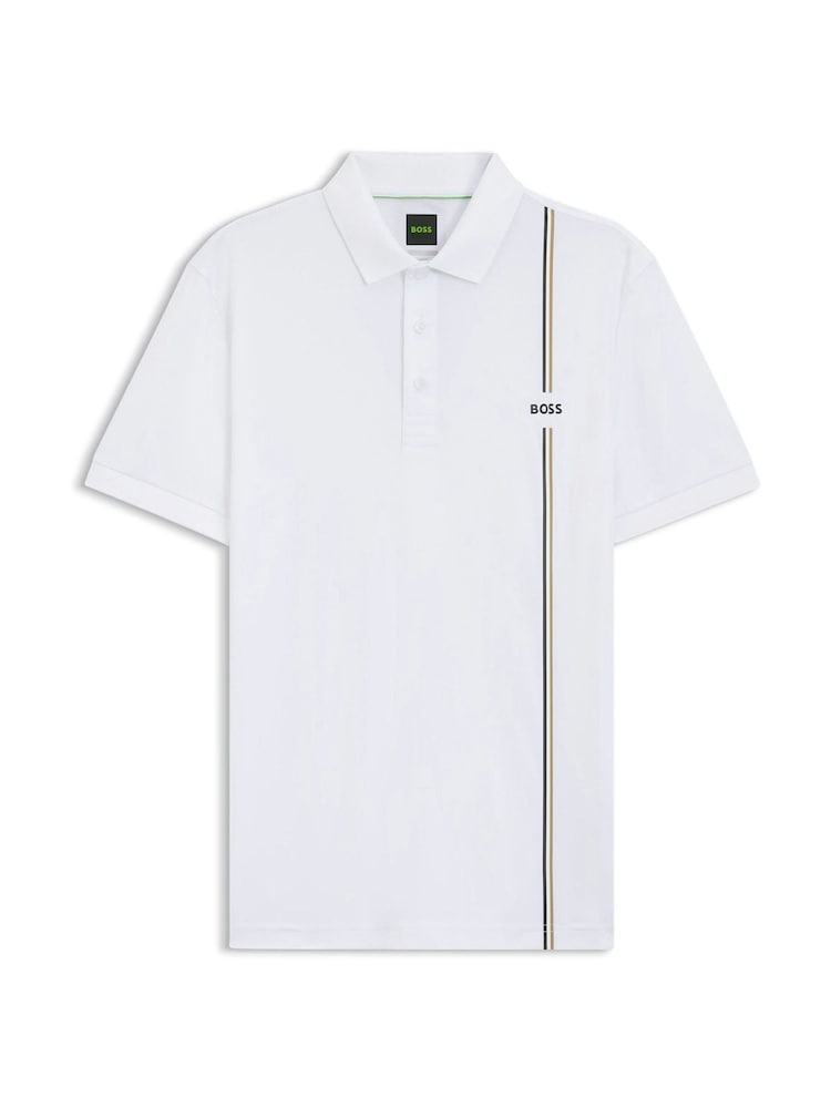 BOSS White Logo Stripe Detail Tech Polo Shirt - Image 1 of 1 BOSS White Logo Stripe Detail Tech Polo Shirt - Image 1 of 1