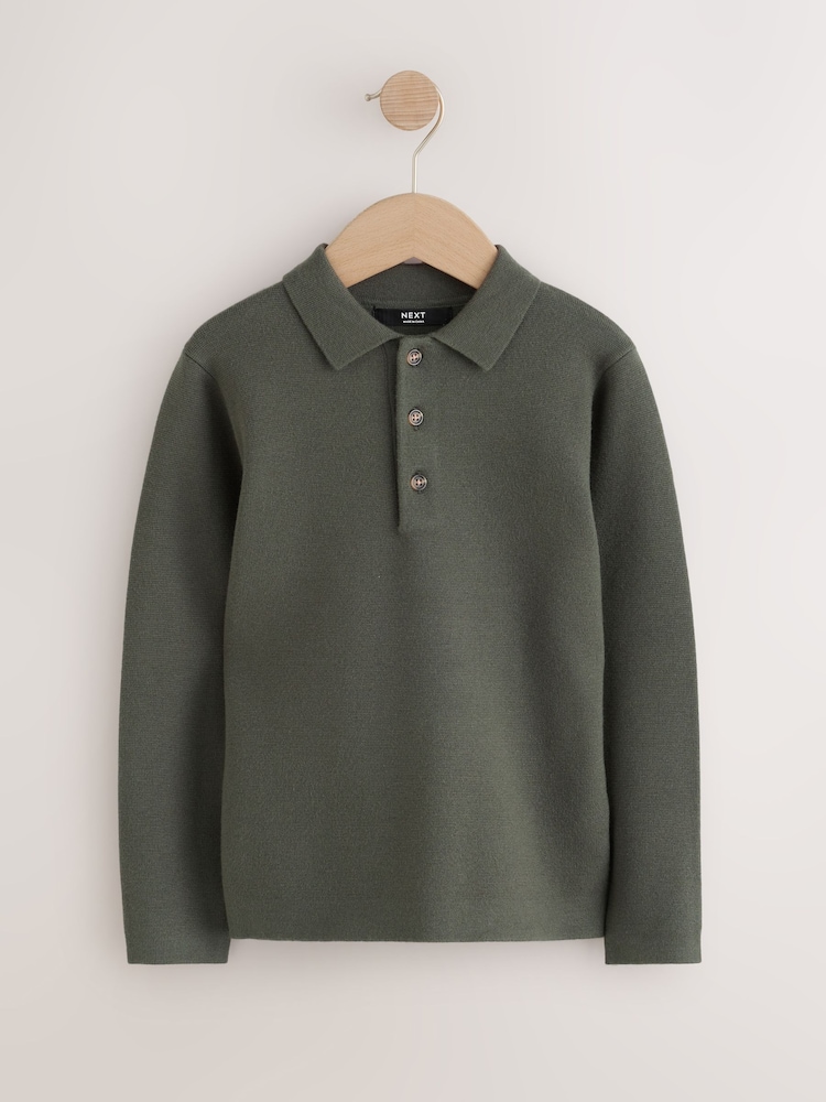 Dark Green Knitted Button Neck Polo Shirt (3-16yrs) - Image 1 of 4 Dark Green Knitted Button Neck Polo Shirt (3-16yrs) - Image 1 of 4
