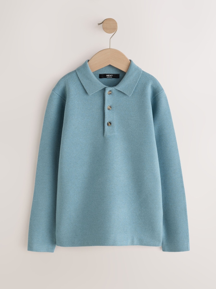 Blue Knitted Button Neck Polo Shirt (3-16yrs) - Image 1 of 4 Blue Knitted Button Neck Polo Shirt (3-16yrs) - Image 1 of 4