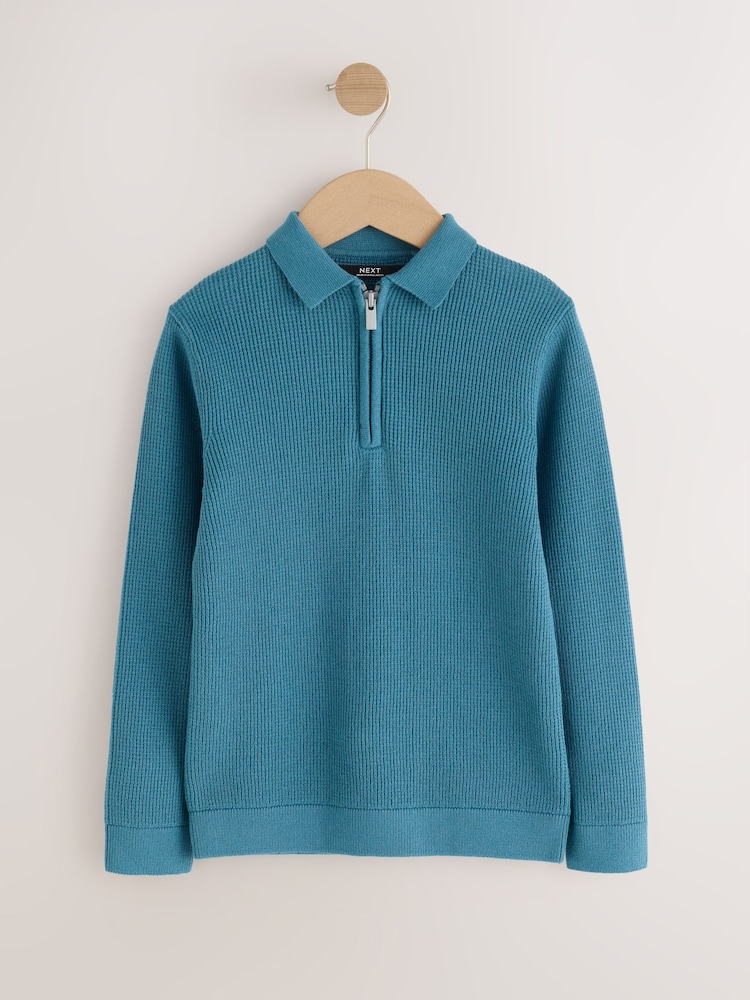 Blue Knitted Zip Neck Polo Shirt (3-16yrs) - Image 1 of 5 Blue Knitted Zip Neck Polo Shirt (3-16yrs) - Image 1 of 5