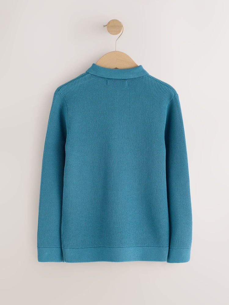 Blue Knitted Zip Neck Polo Shirt (3-16yrs) - Image 2 of 5 Blue Knitted Zip Neck Polo Shirt (3-16yrs) - Image 2 of 5