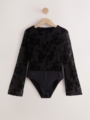 Black Flute Sleeve Flocked Bodysuit - Image 1 of 3