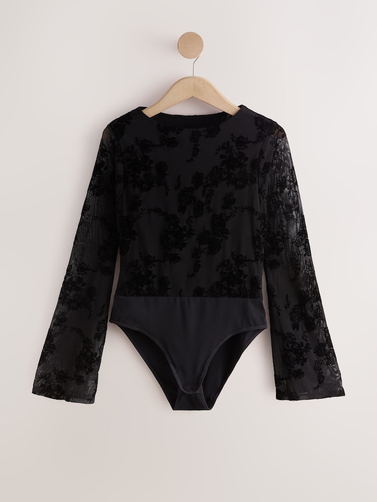 Black Flute Sleeve Flocked Bodysuit - Image 1 of 3
