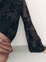 Black Flute Sleeve Flocked Bodysuit - Image 4 of 7