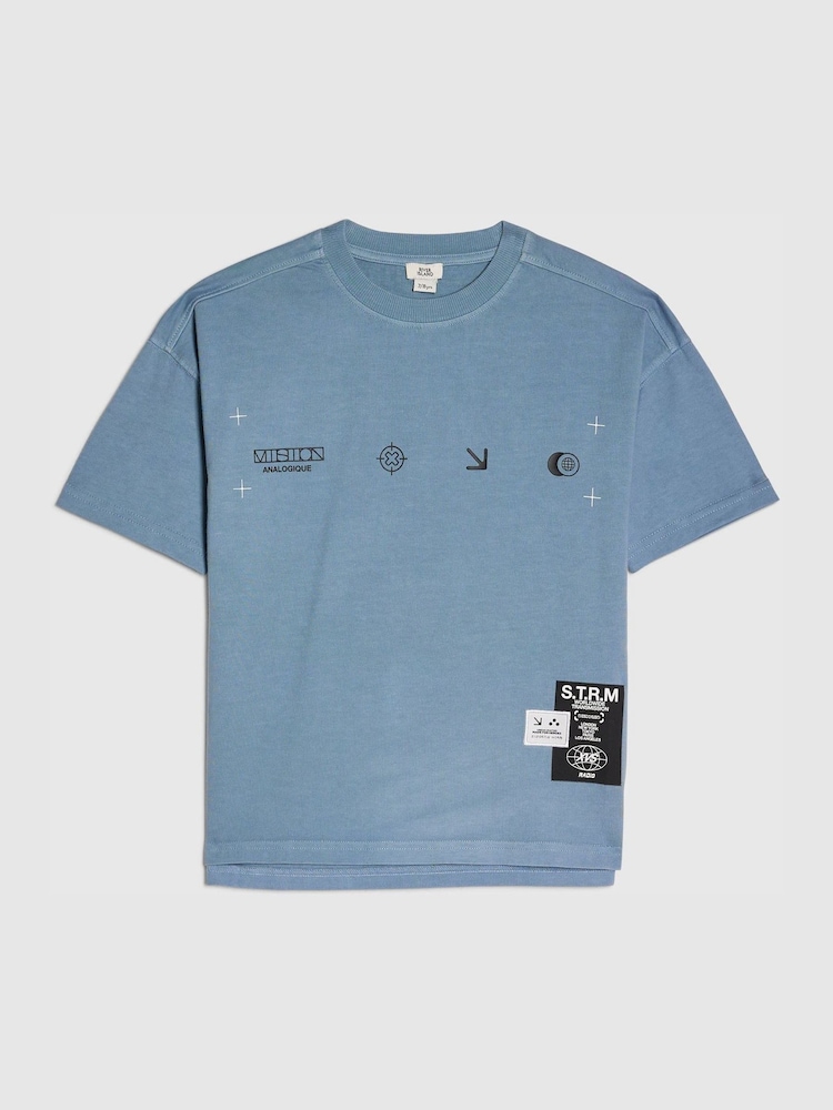 River Island Blue Studio Club Ombre Script T-Shirt - Image 1 of 4