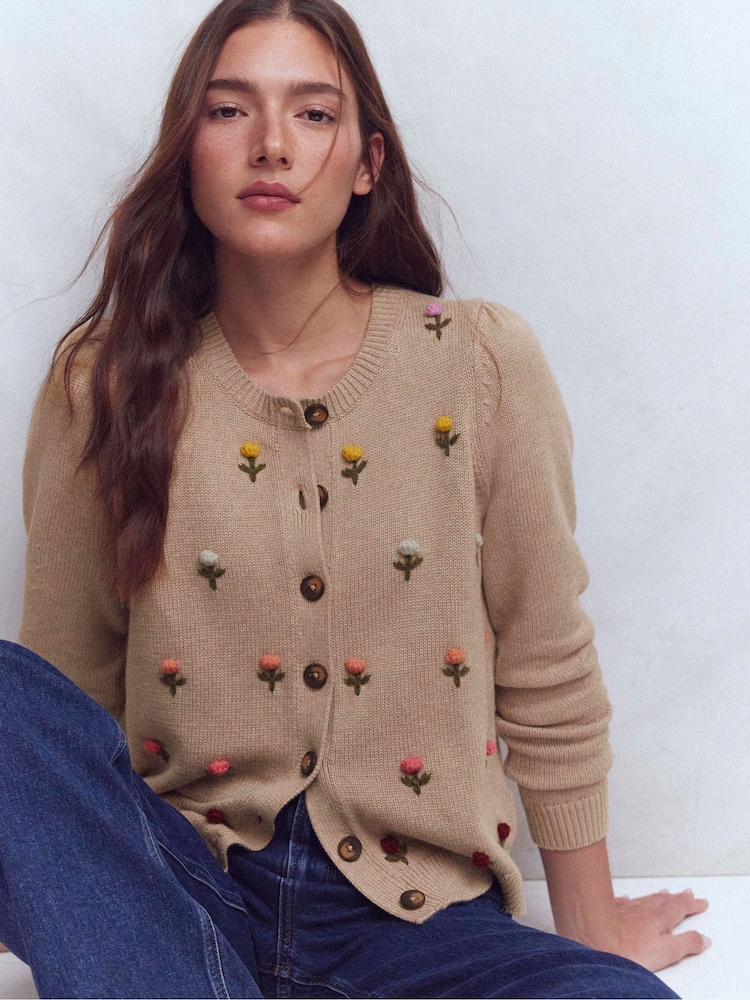 Boden Cream Davina Puff Sleeve Cardigan - Image 2 of 7