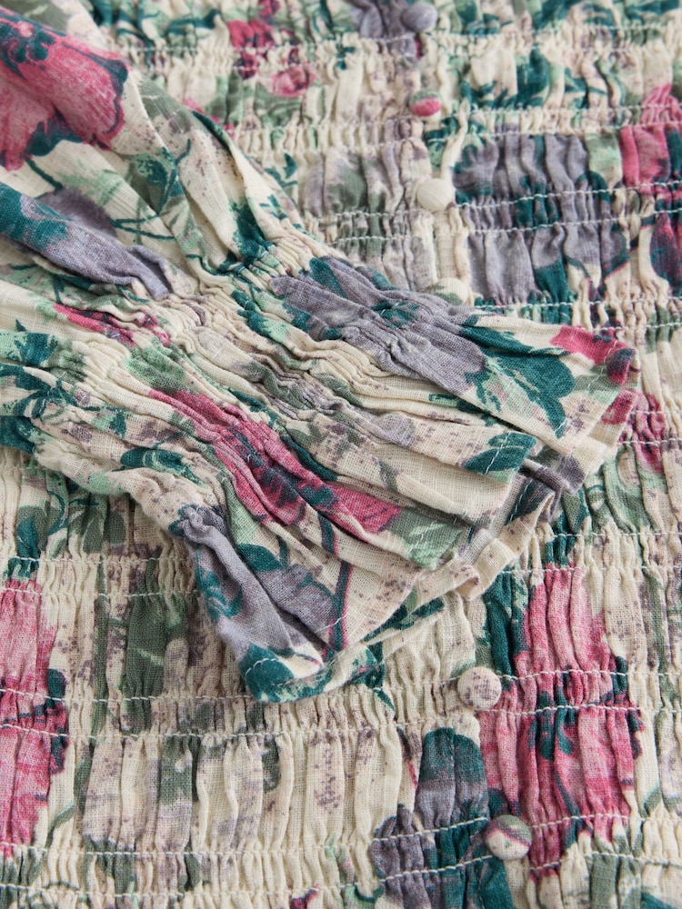 Ecru Multi Floral Print Smocked Button Front Long Sleeve Blouse - Image 2 of 3 Ecru Multi Floral Print Smocked Button Front Long Sleeve Blouse - Image 2 of 3