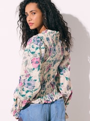 Ecru Multi Floral Print Smocked Button Front Long Sleeve Blouse - Image 4 of 8