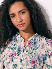 Ecru Multi Floral Print Smocked Button Front Long Sleeve Blouse - Image 5 of 8