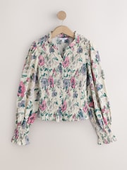 Ecru Multi Floral Print Smocked Button Front Long Sleeve Blouse - Image 6 of 8