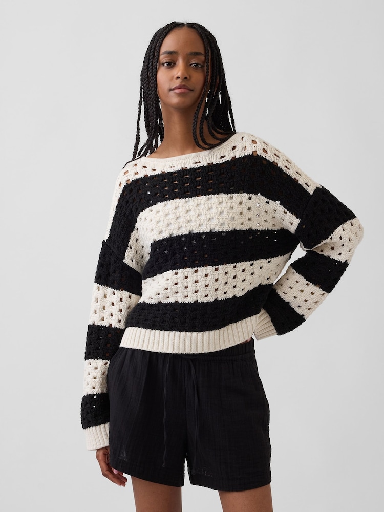 Gap Black Stripe Crochet Boat neck Jumper - Image 1 of 4 Gap Black Stripe Crochet Boat neck Jumper - Image 1 of 4