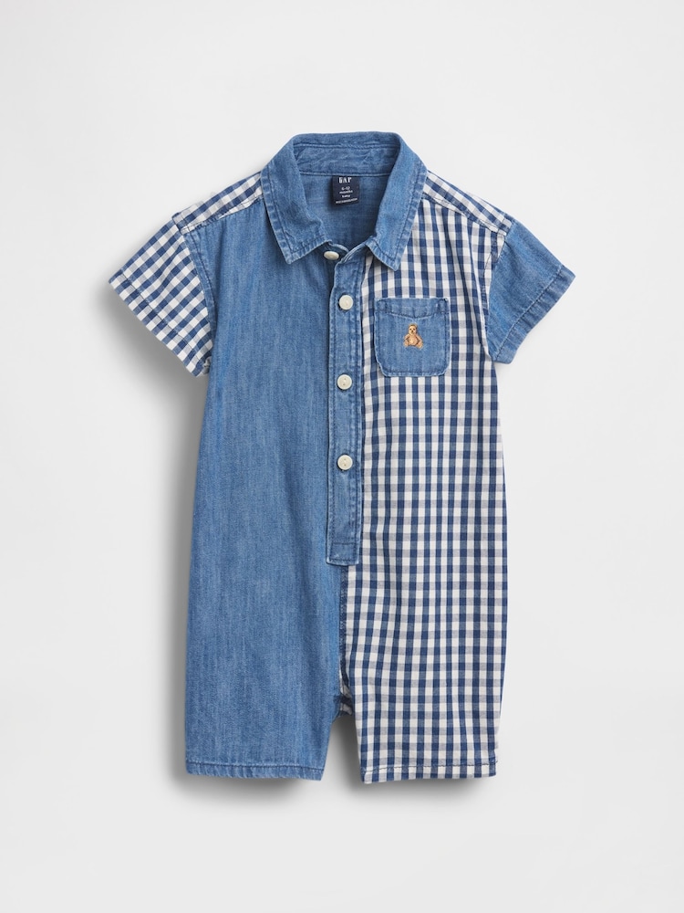 Gap Blue Gingham Denim Colourblock Shorts One-Piece (0-24mths) - Image 1 of 1
