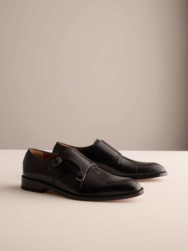 Black Signature Leather Sole Double Monk Shoes - Image 1 of 6 Black Signature Leather Sole Double Monk Shoes - Image 1 of 6