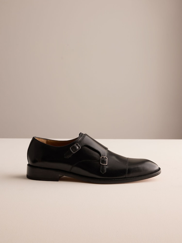 Black Signature Leather Sole Double Monk Shoes - Image 2 of 6 Black Signature Leather Sole Double Monk Shoes - Image 2 of 6