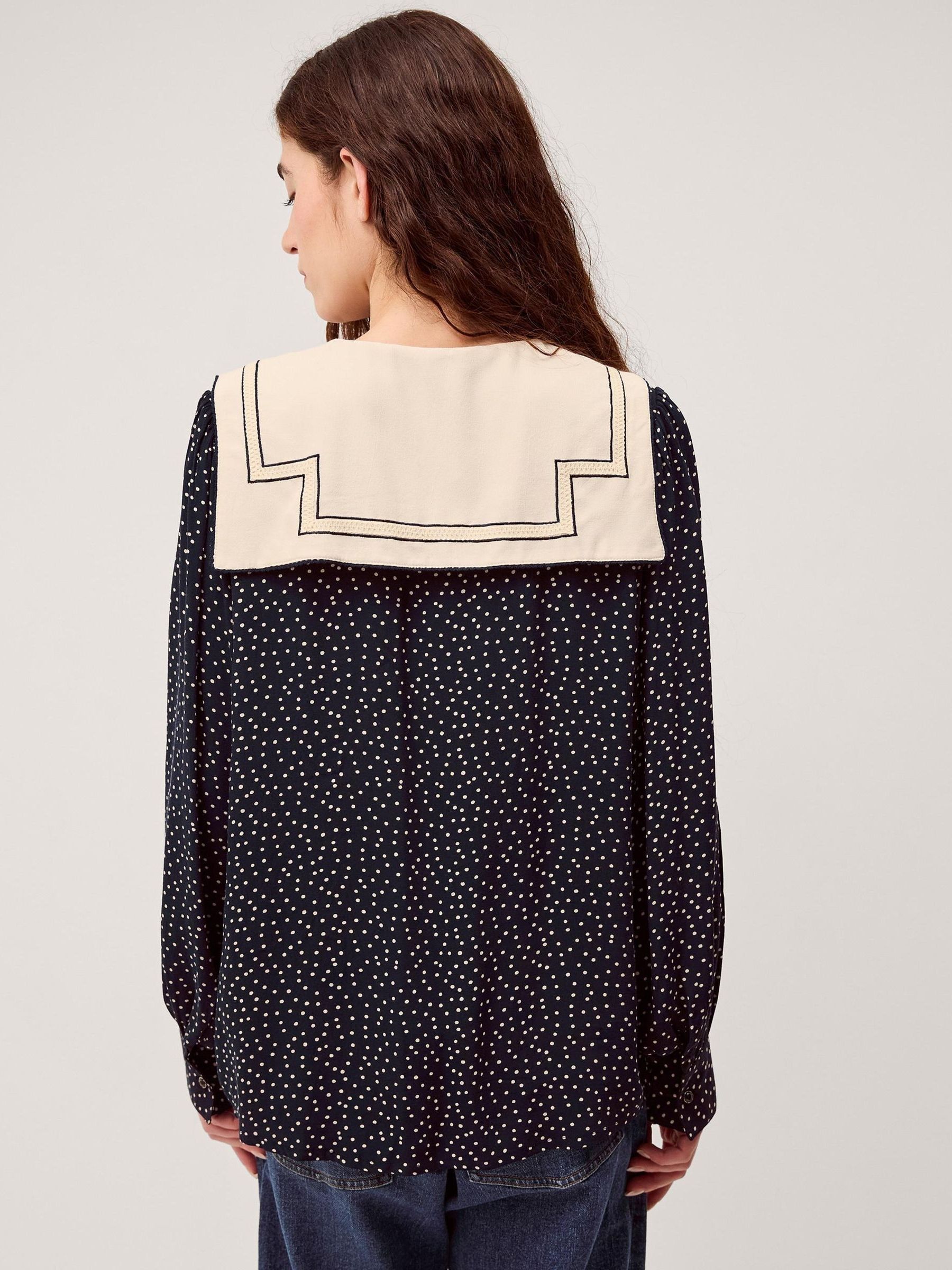 Buy Monsoon Navy Embroidered Collar Polka Dot Long Sleeve Blouse