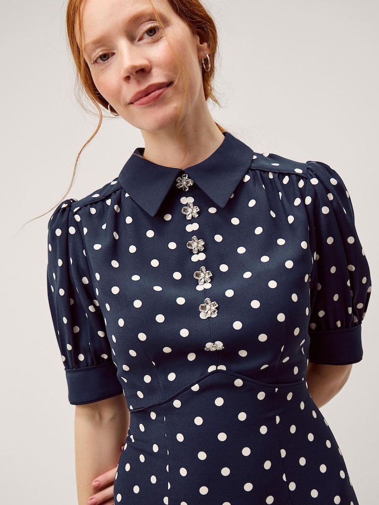 blue polka dot puff sleeve dress Polka Dot Elastic V Neck Midi Dress main image 0