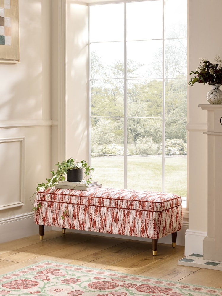 Nina Campbell Rowan Ikat Wine Red Rosebury Storage Ottoman Bench - Image 1 of 8 Nina Campbell Rowan Ikat Wine Red Rosebury Storage Ottoman Bench - Image 1 of 8