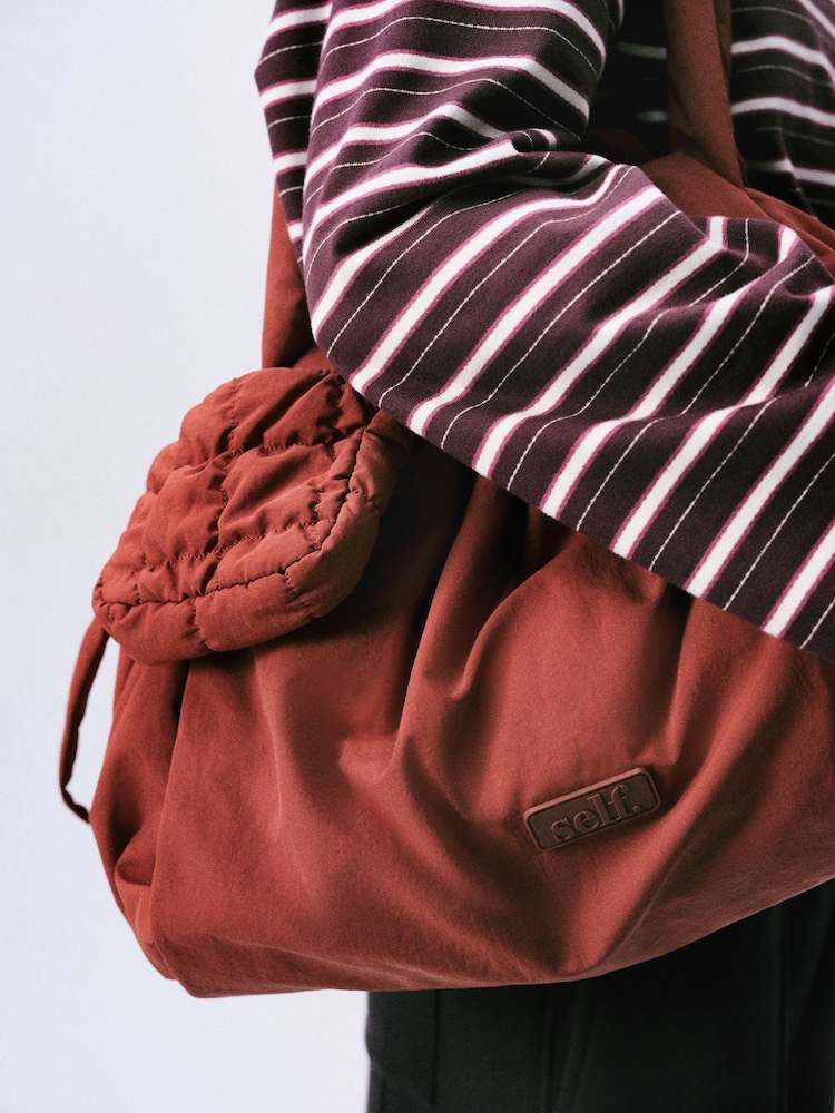 self. Rust Brown Nylon Ruched Charm Pouch Bag - Image 2 of 10 self. Rust Brown Nylon Ruched Charm Pouch Bag - Image 2 of 10
