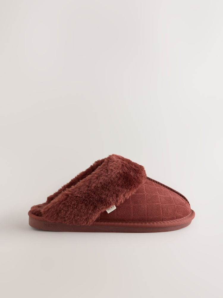 Burgundy Red Croc Faux Fur Lined Suede Mule Slippers - Image 1 of 5 Burgundy Red Croc Faux Fur Lined Suede Mule Slippers - Image 1 of 5