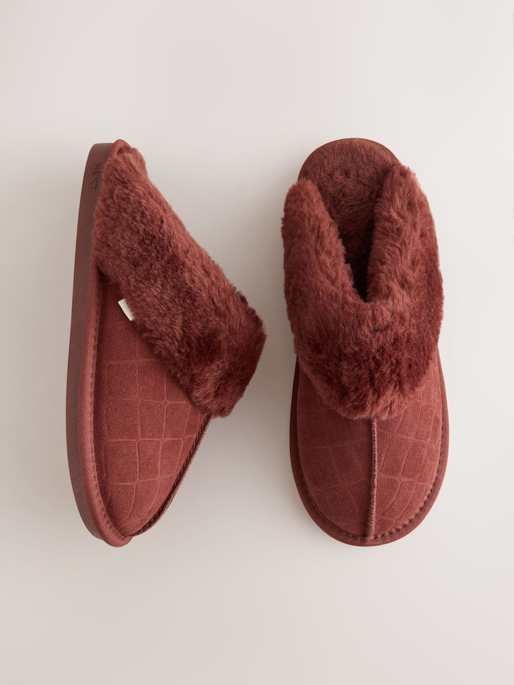 Burgundy Red Croc Faux Fur Lined Suede Mule Slippers - Image 2 of 5 Burgundy Red Croc Faux Fur Lined Suede Mule Slippers - Image 2 of 5