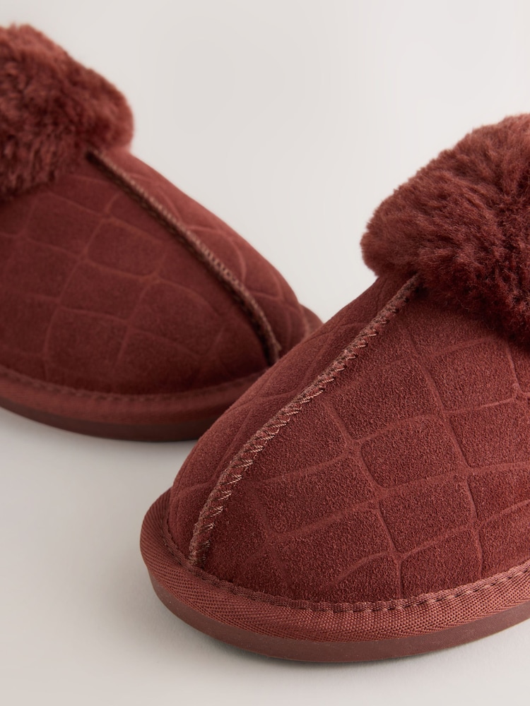 Burgundy Red Croc Faux Fur Lined Suede Mule Slippers - Image 5 of 5 Burgundy Red Croc Faux Fur Lined Suede Mule Slippers - Image 5 of 5