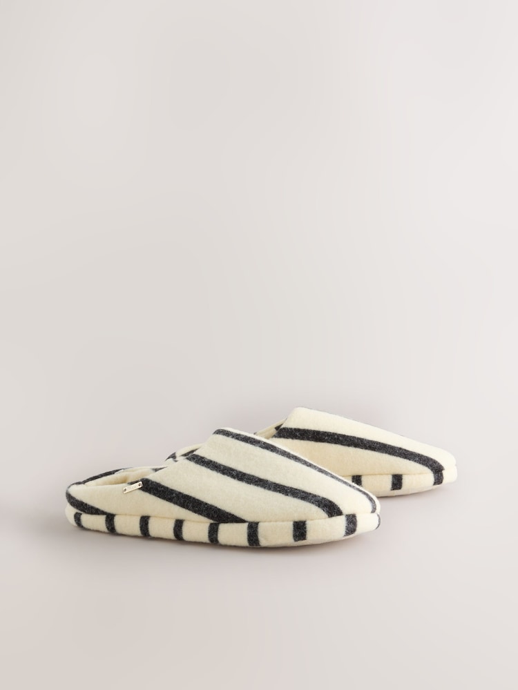 Cream/Black Wool Striped Mule Slippers - Image 2 of 5 Cream/Black Wool Striped Mule Slippers - Image 2 of 5