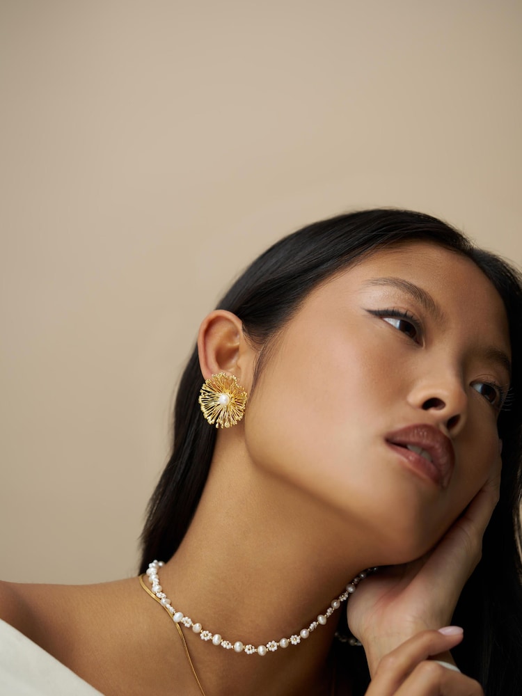 Orelia London Gold Tone Statement Flower & Pearl Earrings - Image 1 of 2