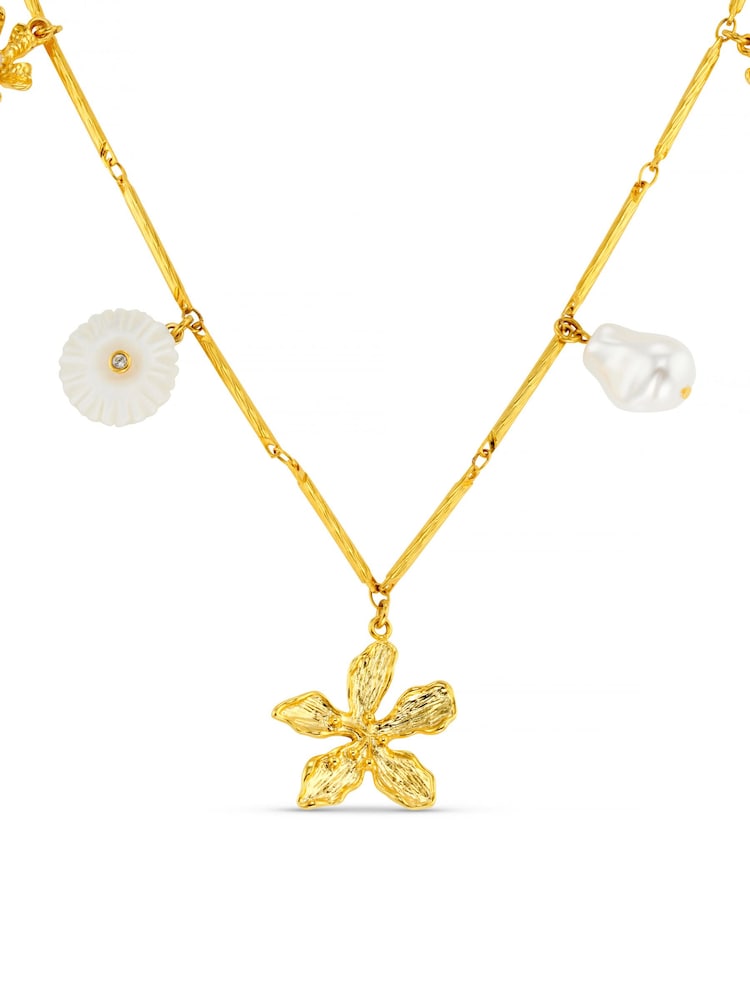 Orelia London Gold Tone Statement Flower & Pearl Charm Necklace - Image 4 of 4