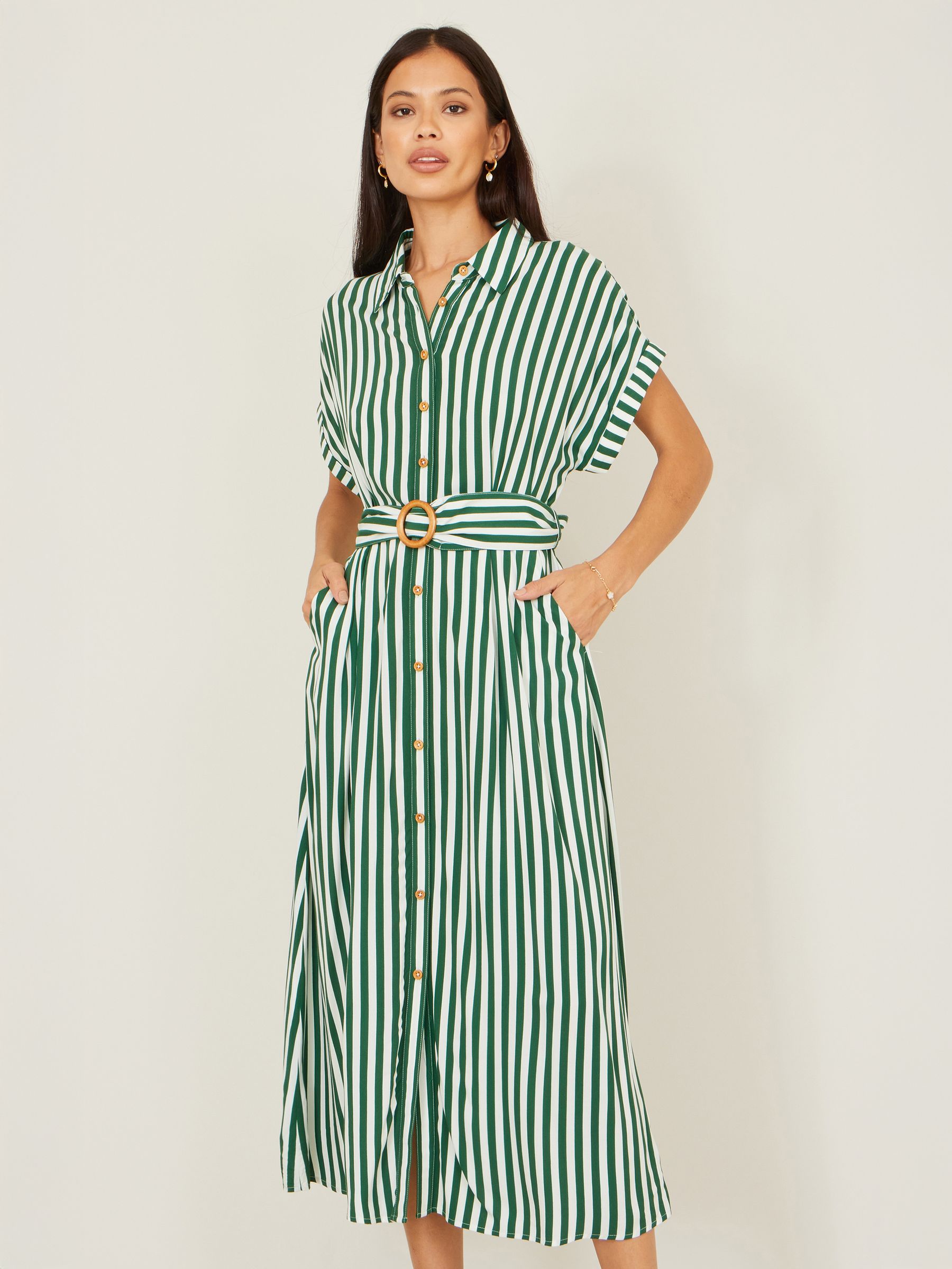 Yumi Women's Green Stripe Print Relaxed Midi Shirt Dress With Belt | Size: 22 - Image 3
